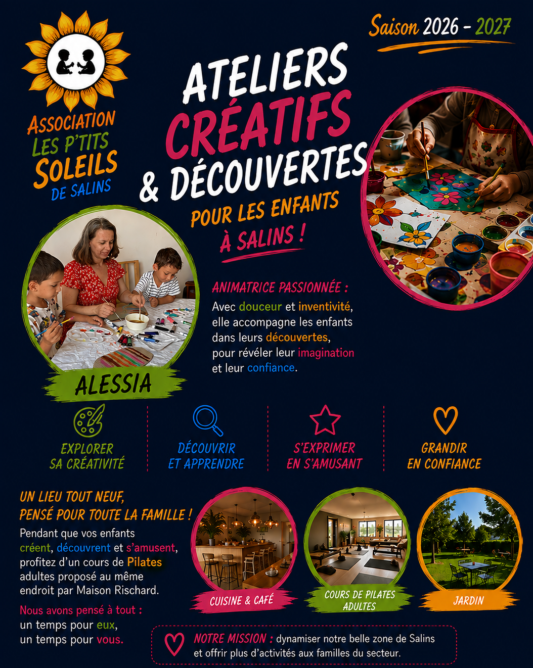 Affiche annonçant l'organisation d'ateliers créatifs et découvertes pour enfants à Salins, avec informations sur l'animatrice Alessia, les activités proposées, lieux, et la mission de dynamiser la zone de Salins.