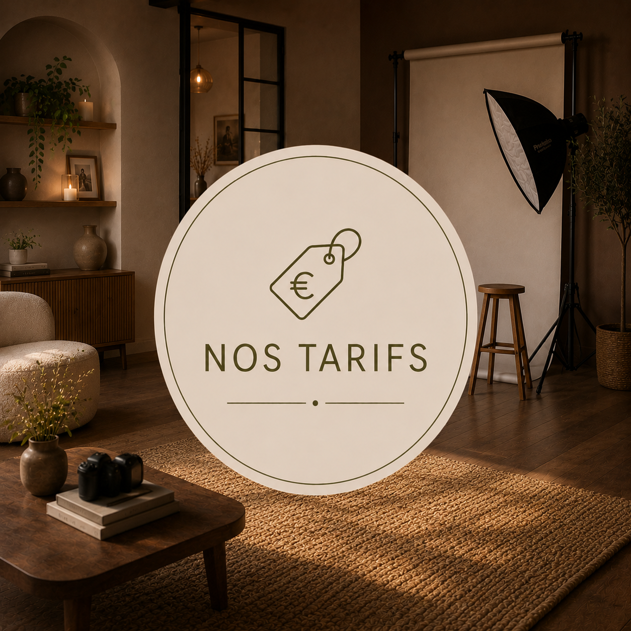 Une pièce décorée chaleureusement avec un panneau d'information affichant un prix, un appareil photo, un canapé, des étagères avec des objets décoratifs et des bougies, une lumière de photographie en studio avec un fond blanc.