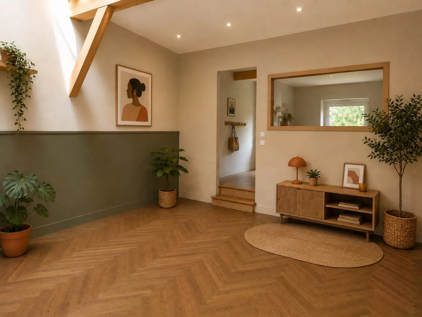 Intérieur d'un salon avec parquet en bois clair, meubles en bois clair, plantes d'intérieur, tableau stylisé d'une femme, miroir sur le mur, lampe orange, tapis rond en fibres naturelles.