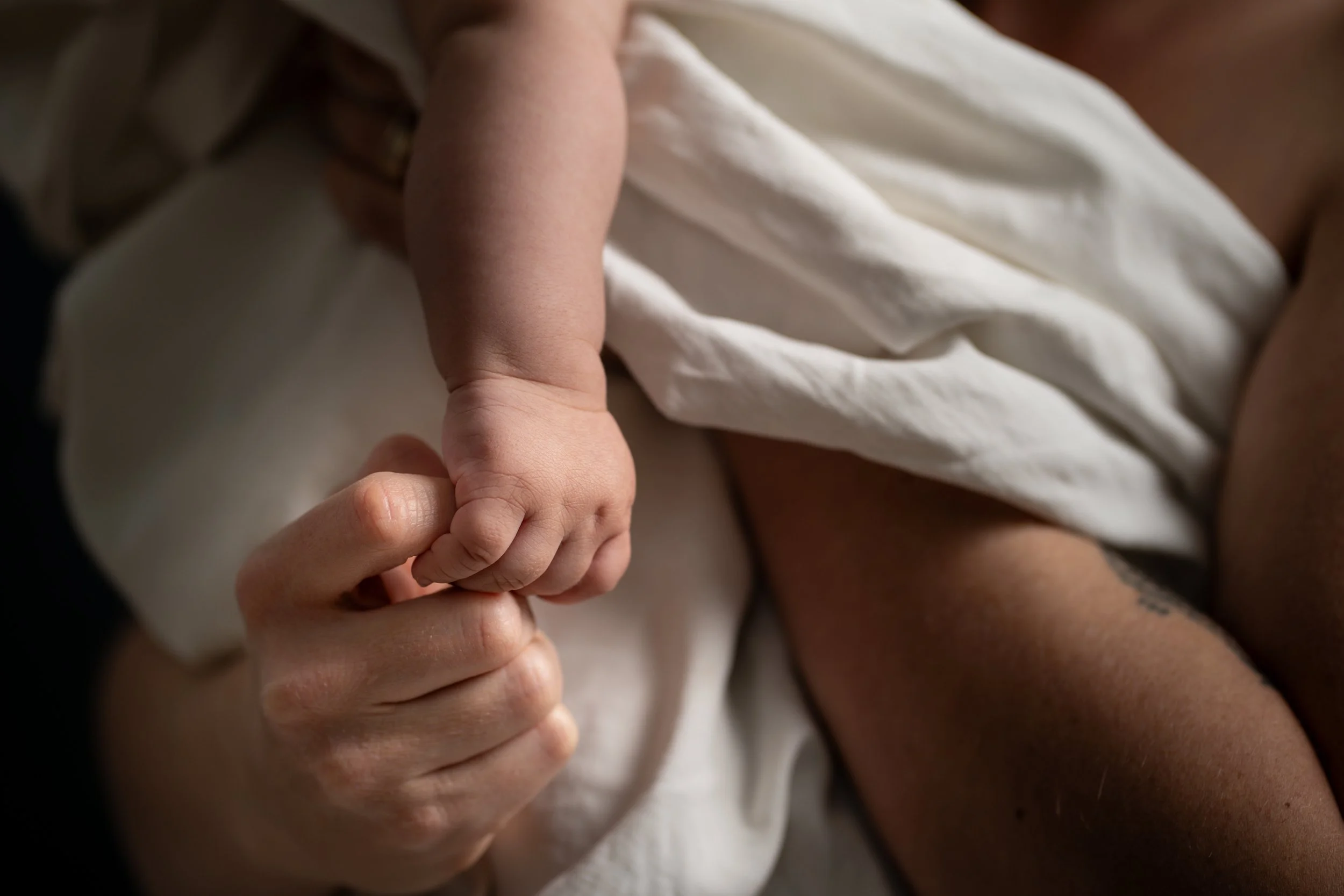 Gros plan d'une main d'adulte tenant la main d'un bébé, avec un fond flou et un drap blanc.