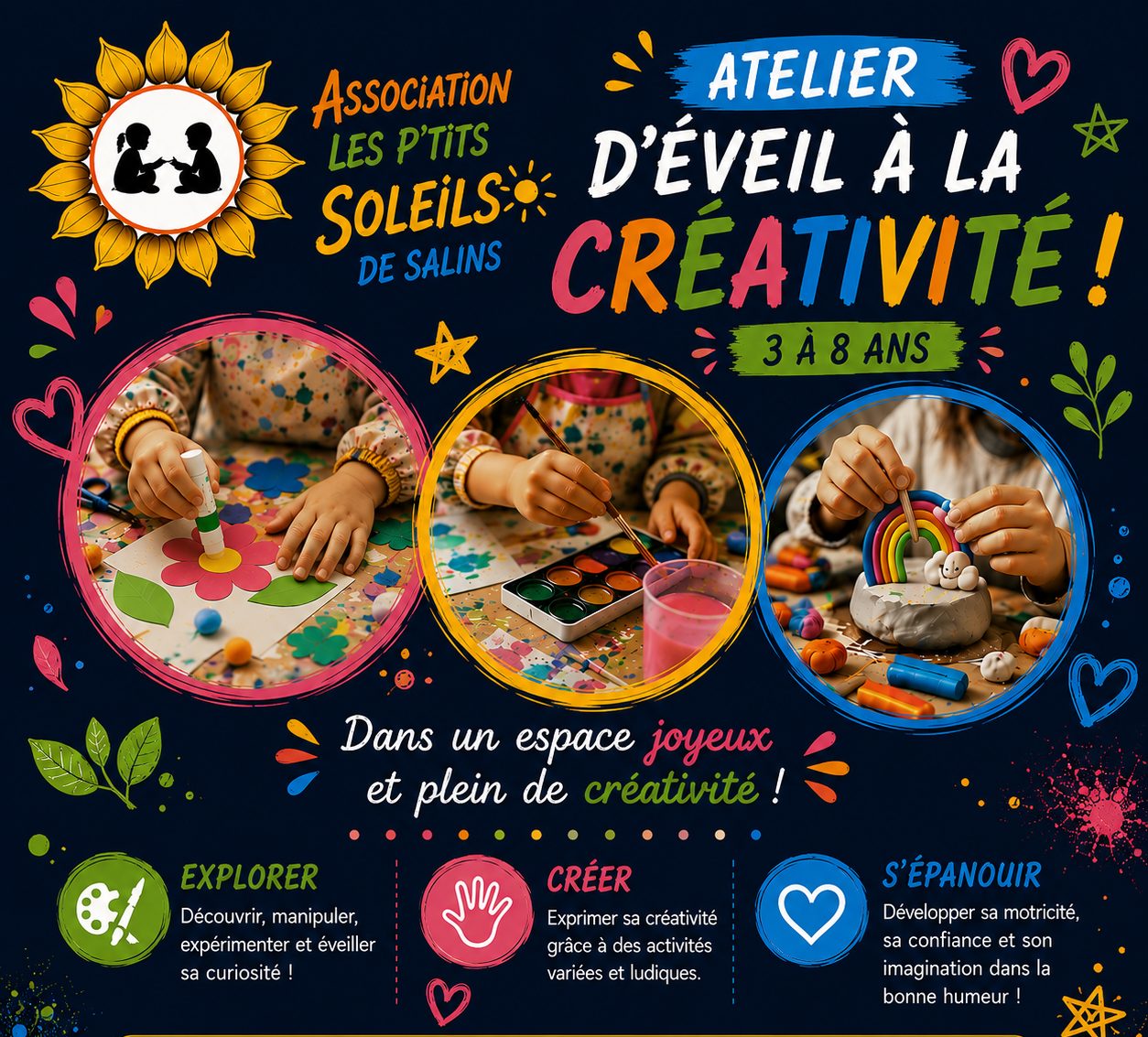Affiche promotionnelle pour un atelier de éveil à la créativité pour les enfants de 3 à 8 ans, organisé par l'association Les P'tits Soleils de Salins, avec des images d'enfants créant avec des matériaux. Cadeaux et activités artistiques, couleurs vives, éléments décoratifs de dessins et de textes sur la créativité.