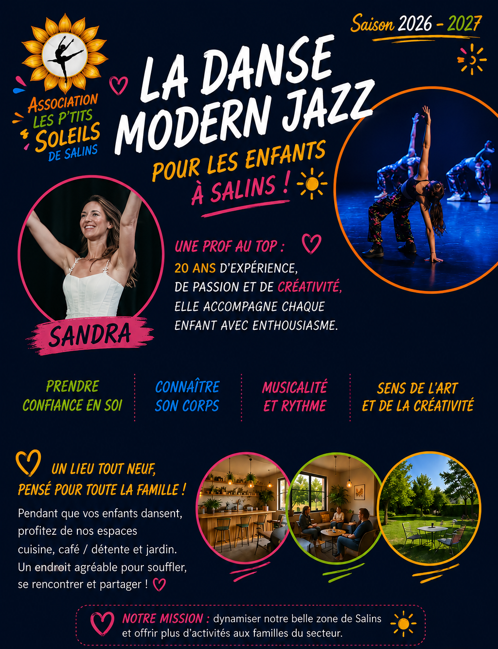 Affiche promotionnelle pour un cours de danse moderne jazz pour enfants à Salins, organisé par l'association Les P'tits Soleils de Salins pour la saison 2026-2027, avec photo d'une danseuse et d'un groupe en pratique, contact, et description des activités.