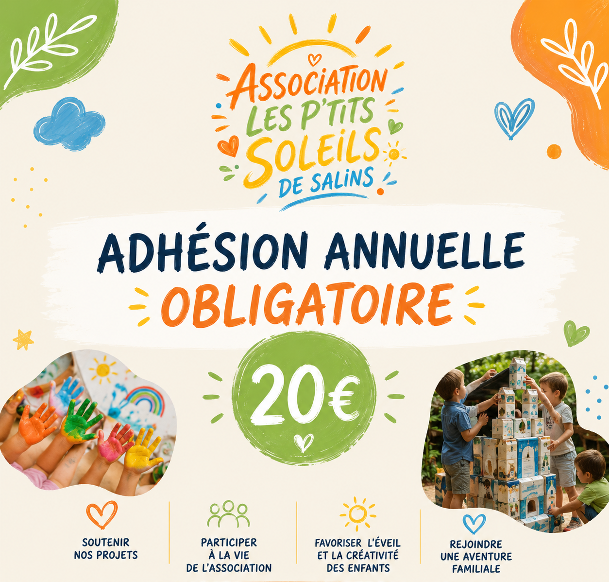 Affiche colorée pour l'association 'Les P'tits Soleils de Salins' annonçant une adhésion annuelle obligatoire de 20 euros, avec des images d'enfants jouant et d'activités artistiques.