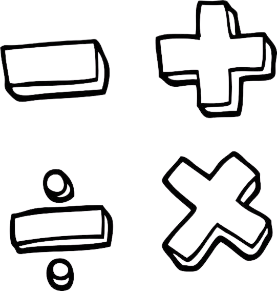 Outline drawing of four different shapes resembling a calculator, a plus sign, a division sign, and a multiplication sign.