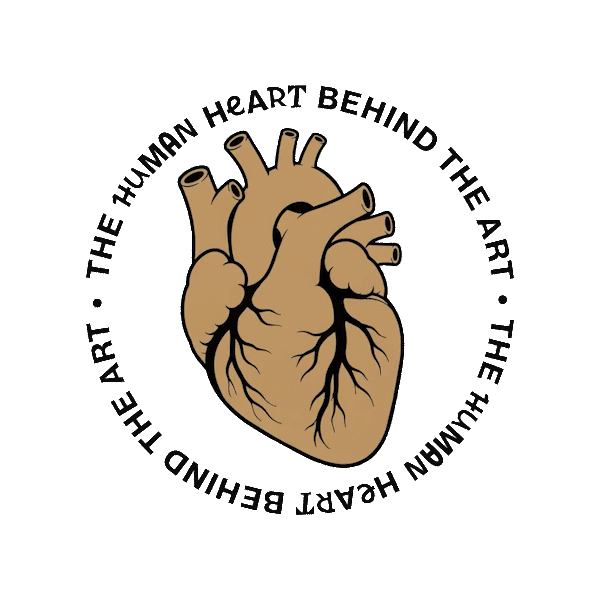 Illustration of a human heart with black outline and brown color, surrounded by circular text reading 'The Human Heart Behind The Art'.