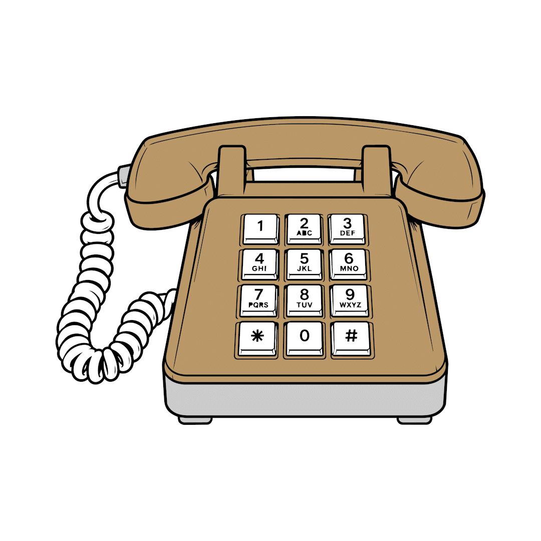 Illustration of a vintage rotary landline telephone with a brown body, white dial buttons, and a coiled cord.