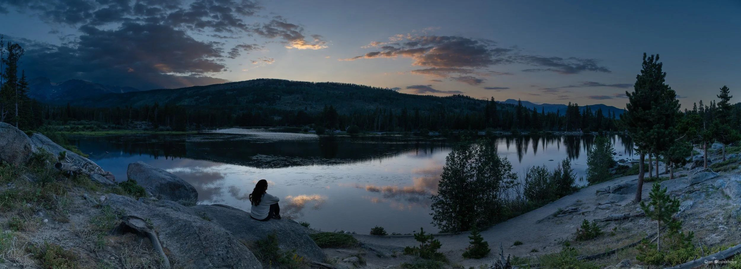 Cynda watching sunset at Sprague Lake in Rocky Mountain National Park, 18 Jul 2026