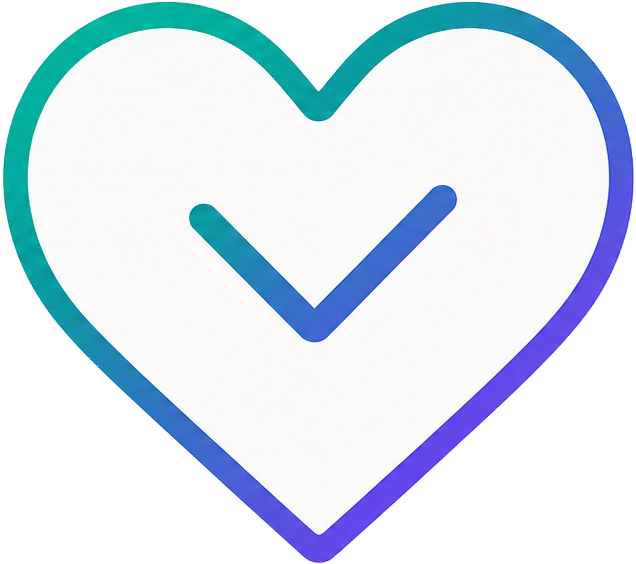 Outline of a heart with a check mark inside, gradient border in blue and teal colors.