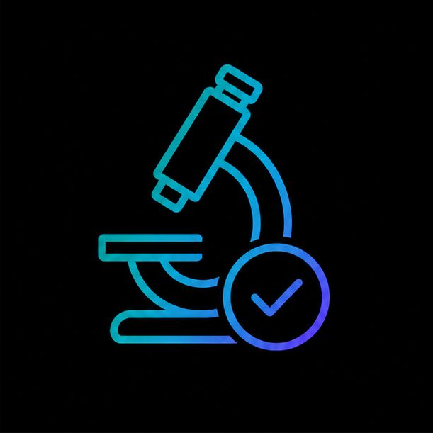Neon line drawing of a microscope with a checkmark symbol