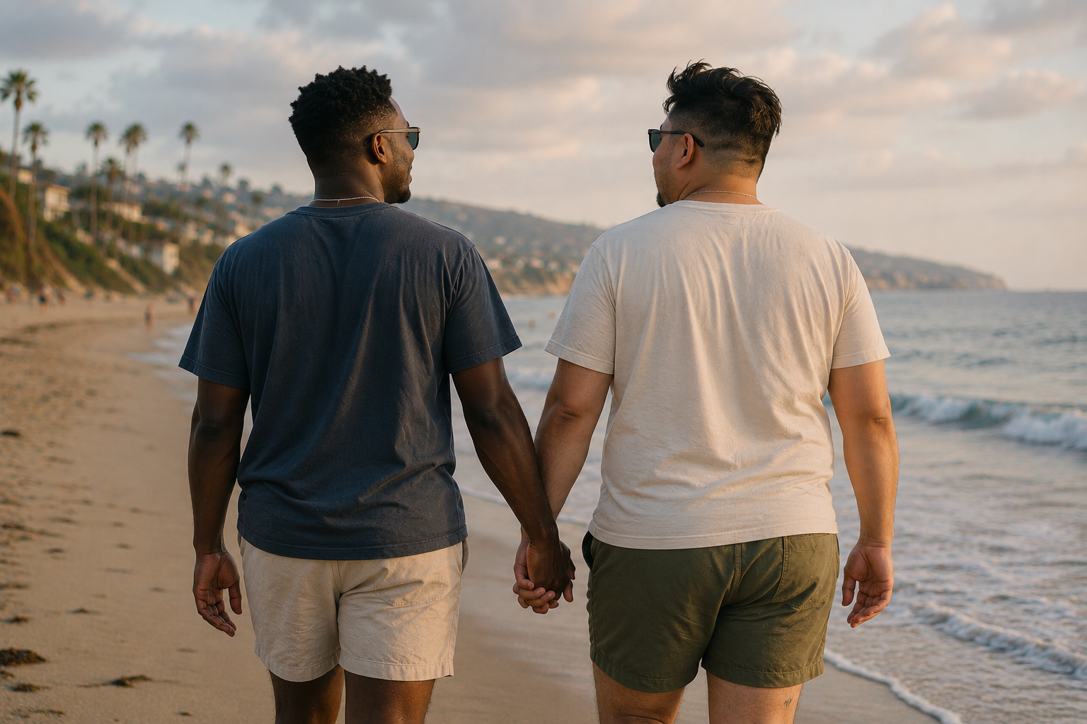 Two men holding hands walking on the beach at sunset.