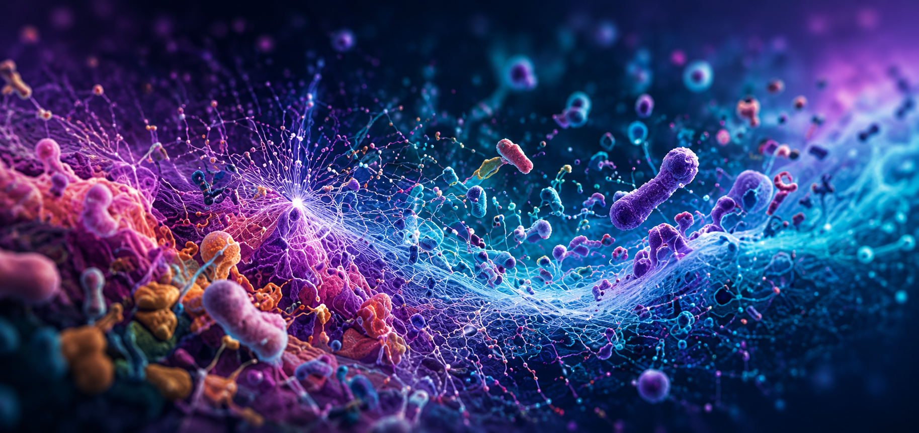Colorful digital illustration of bacteria and viruses in shades of purple, pink, blue, and orange, with intricate structures and filamentous connections.