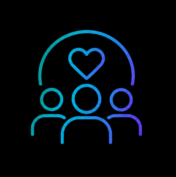 Neon outline of three people with a heart above them on a black background.