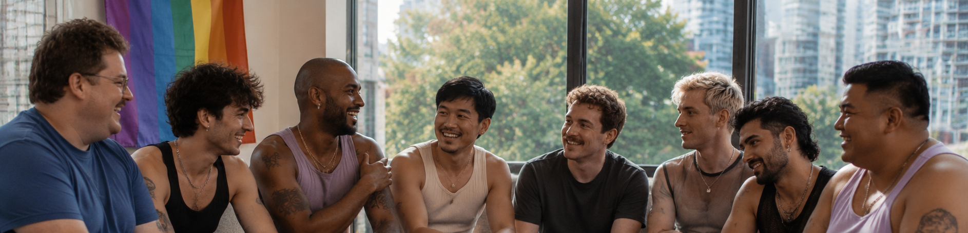 Group of nine diverse men sitting and smiling at each other in a room with a rainbow pride flag on the wall and large windows showing trees and city buildings outside.