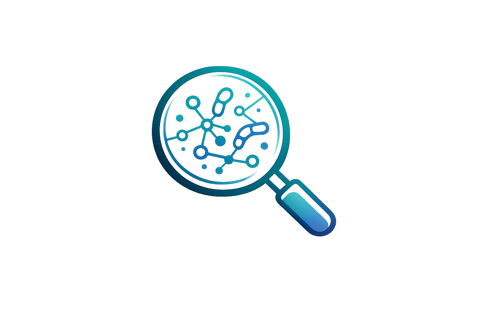 A digital illustration of a magnifying glass examining a circuit board with interconnected nodes, representing analysis or investigation of technology.