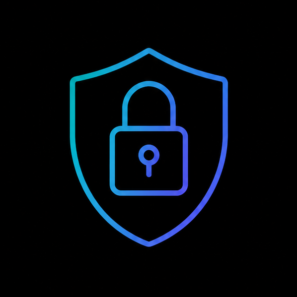 Blue gradient outline of a shield with a lock in the center on a black background.