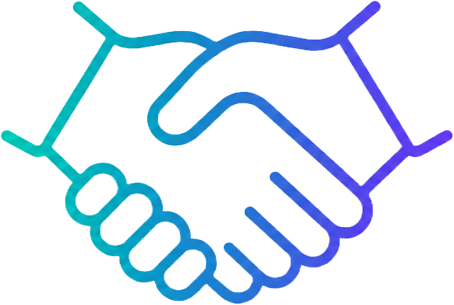 Illustration of two hands in a handshake, outlined in blue and purple, with a green background.