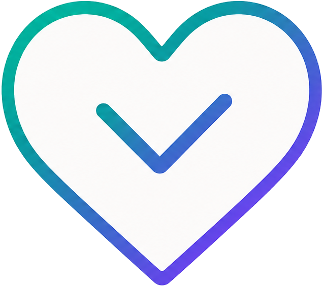 A heart-shaped outline with a checkmark inside, filled with a gradient of green, blue, and purple colors.