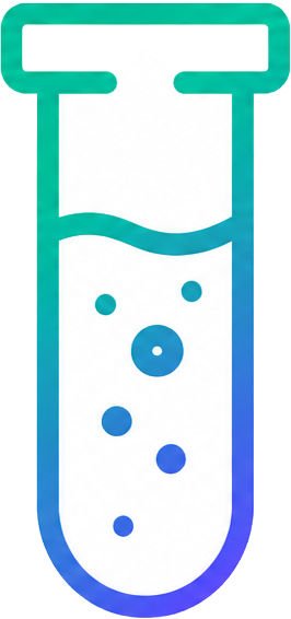 A stylized illustration of a test tube with bubbly liquid inside, featuring a green cap and a gradient blue to purple body.