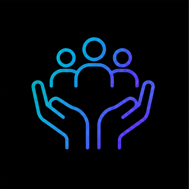 Neon outline of two hands holding a group of three people, representing care or support