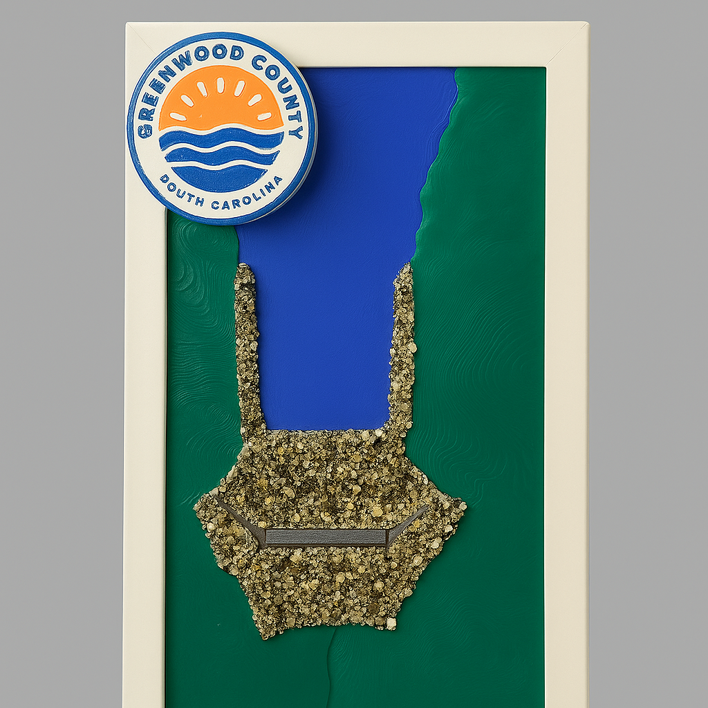 Mixed media 3D print of a fuse gate spillway with a landscape of a river and greenery, featuring modeling rock to resemble rip rap, and a circular emblem of Greenwood County, South Carolina.