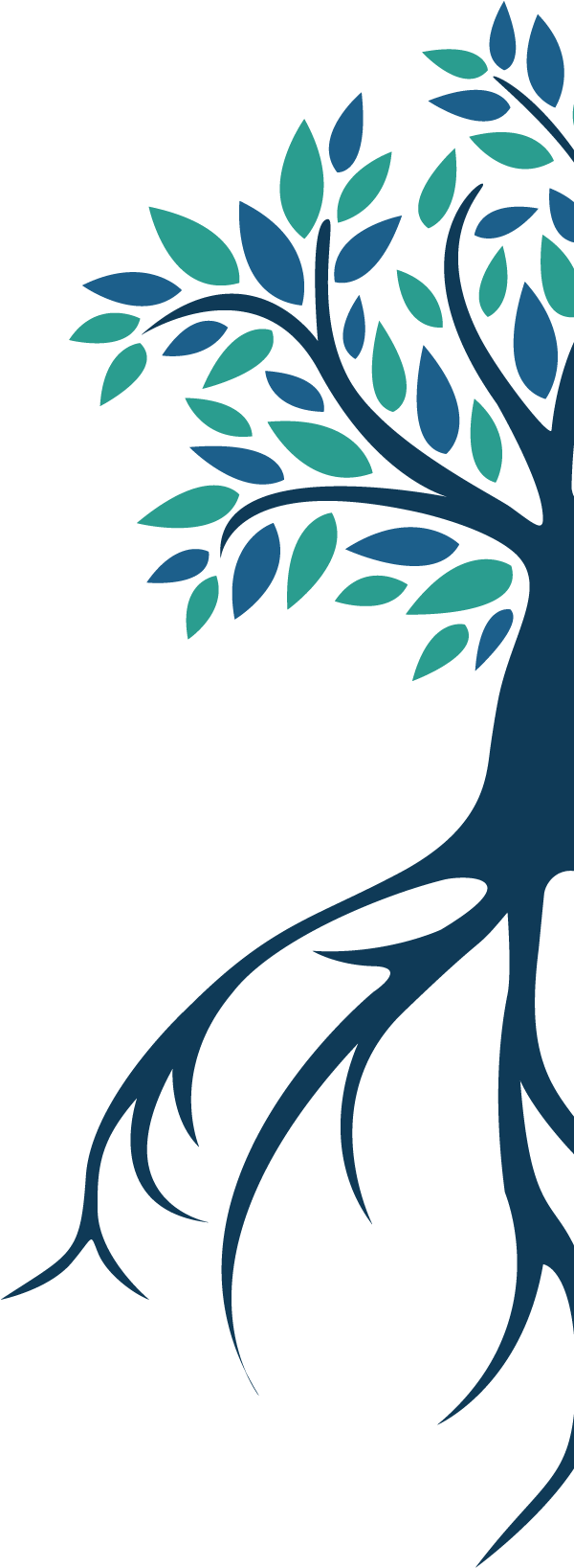 Stylized illustration of a tree with blue and green leaves, with roots extending downward.