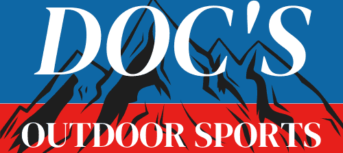 Logo with the word 'DOG'S' in large white letters on a blue background and 'OUTDOOR SPORTS' in white on a red strip below, featuring stylized black mountain and tree imagery.