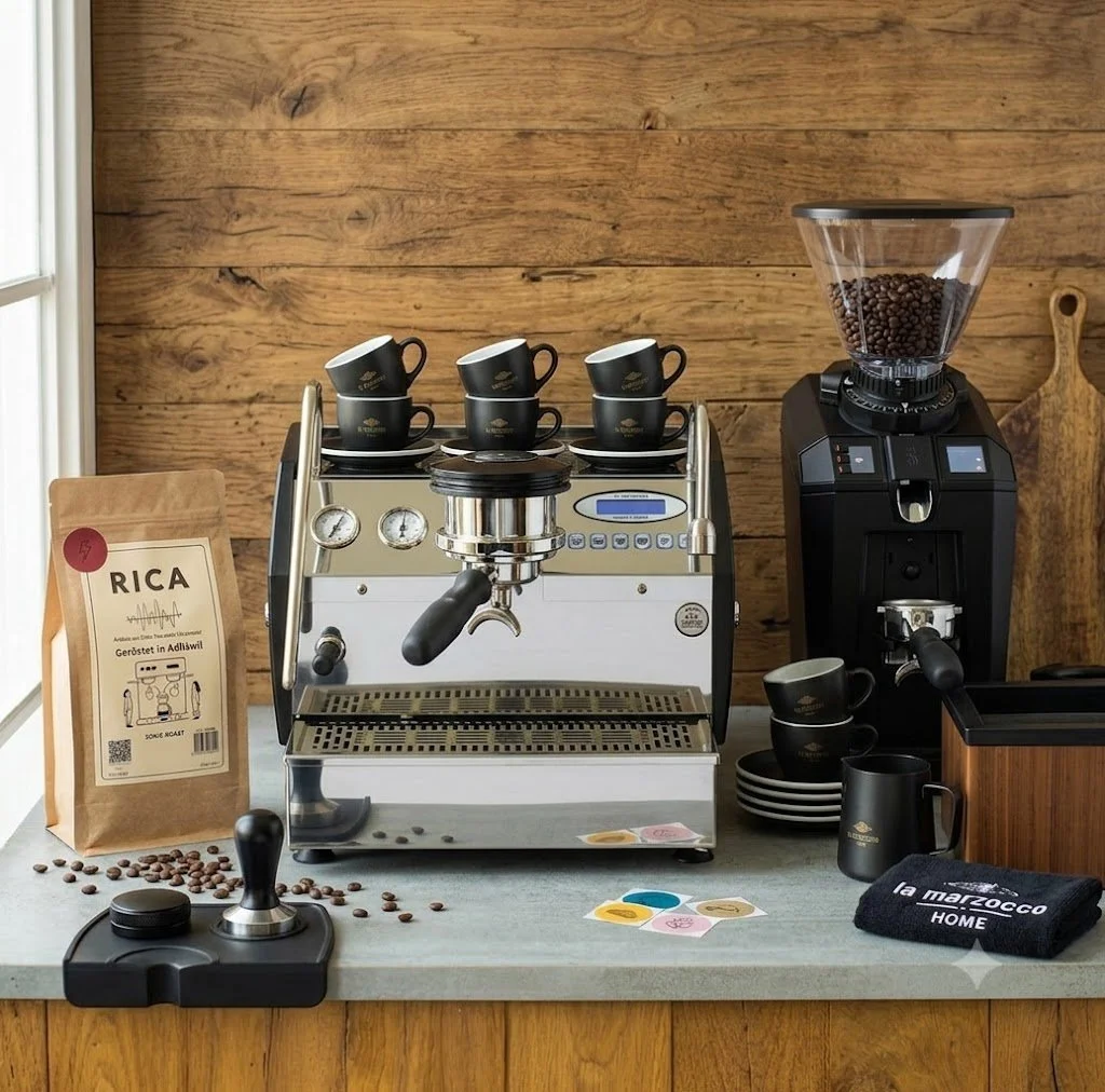 Eine Espressomaschine, ein Kaffeevollautomat, Kaffeetassen, Kaffeebohnen in einer Kaffeefilter, ein Tamper, eine Packung Kaffee, und einige Kaffeekarten auf einer Küchenarbeitsplatte mit Holz-Hintergrund.