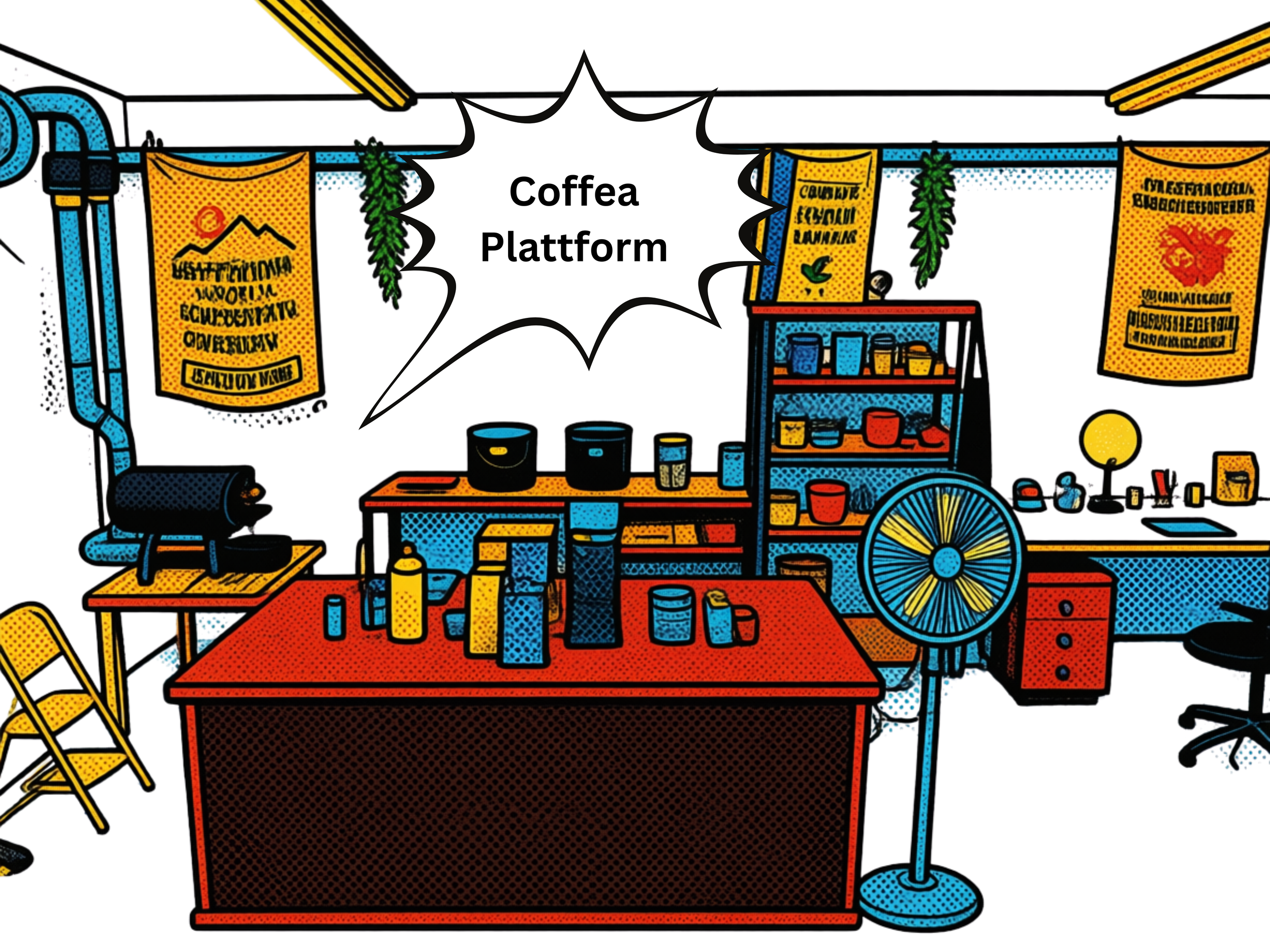 Comic-Stil Illustration eines Kaffeemarkts mit Hängeschildern, Tischen mit Tassen, Kaffeemaschinen und einem Wagen. Im Mittelpunkt steht ein Sprechblasen-Text "Coffea Plattform".