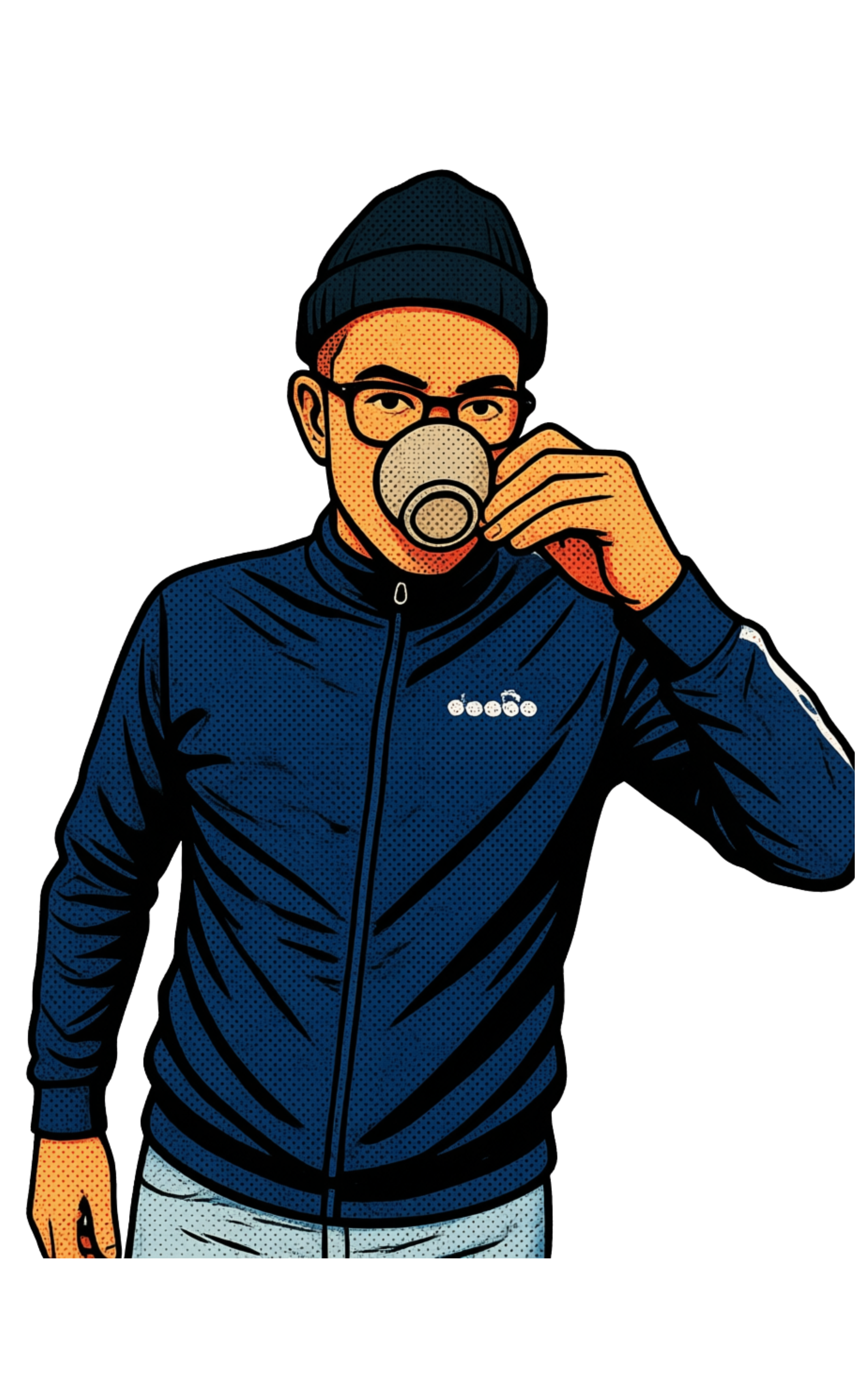 Illustration eines Mannes, der eine Tasse trinkt. Er trägt eine schwarze Jacke, eine blaue Mütze und eine Brille.