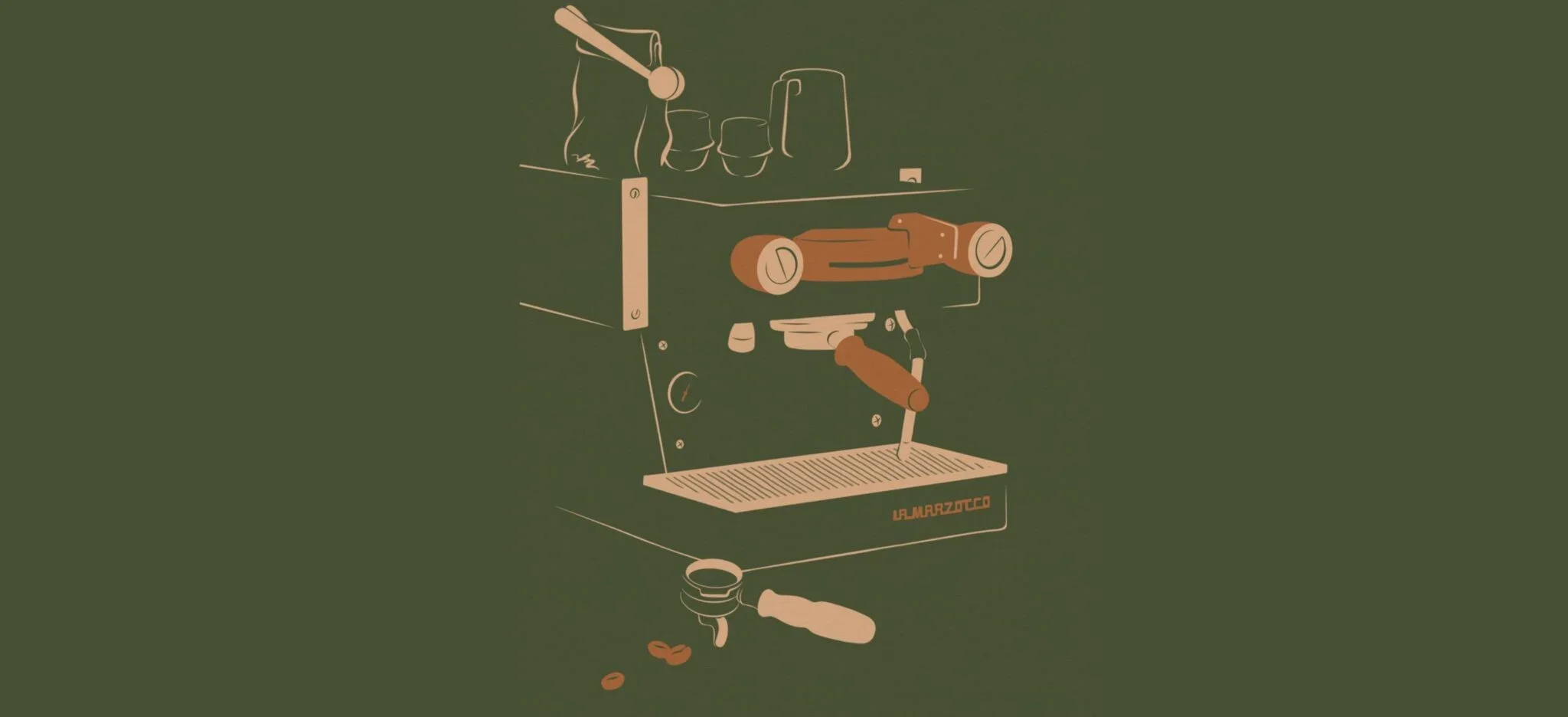 Illustration einer Espressomaschine mit einem Handhebel, Tassen, Kaffeebohnen und einem Wassertank auf einem grünen Hintergrund.