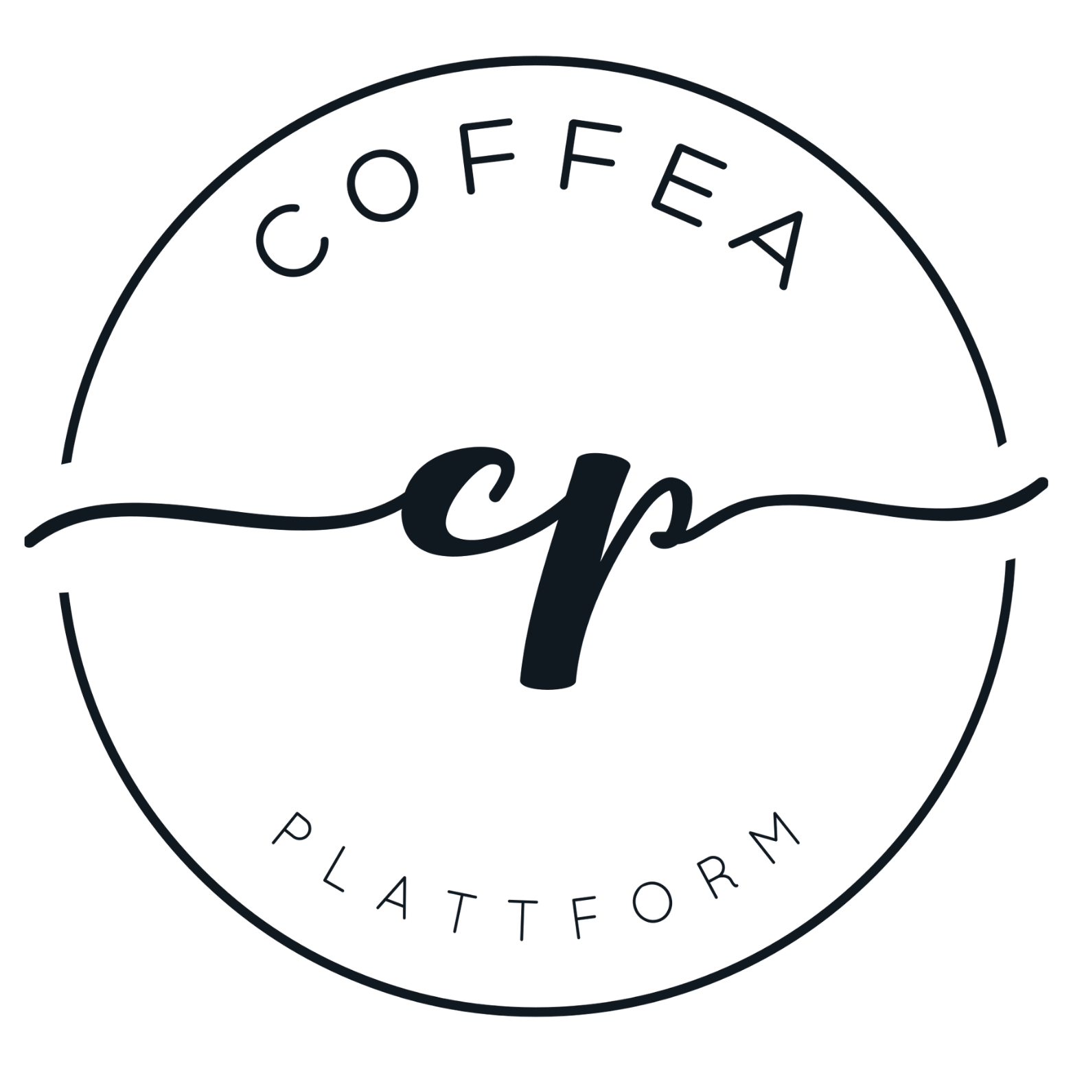 Logo mit einem Kreis, einem Kaffeetropfen und den Worten 'Coffee Planetform' im Schriftzug.