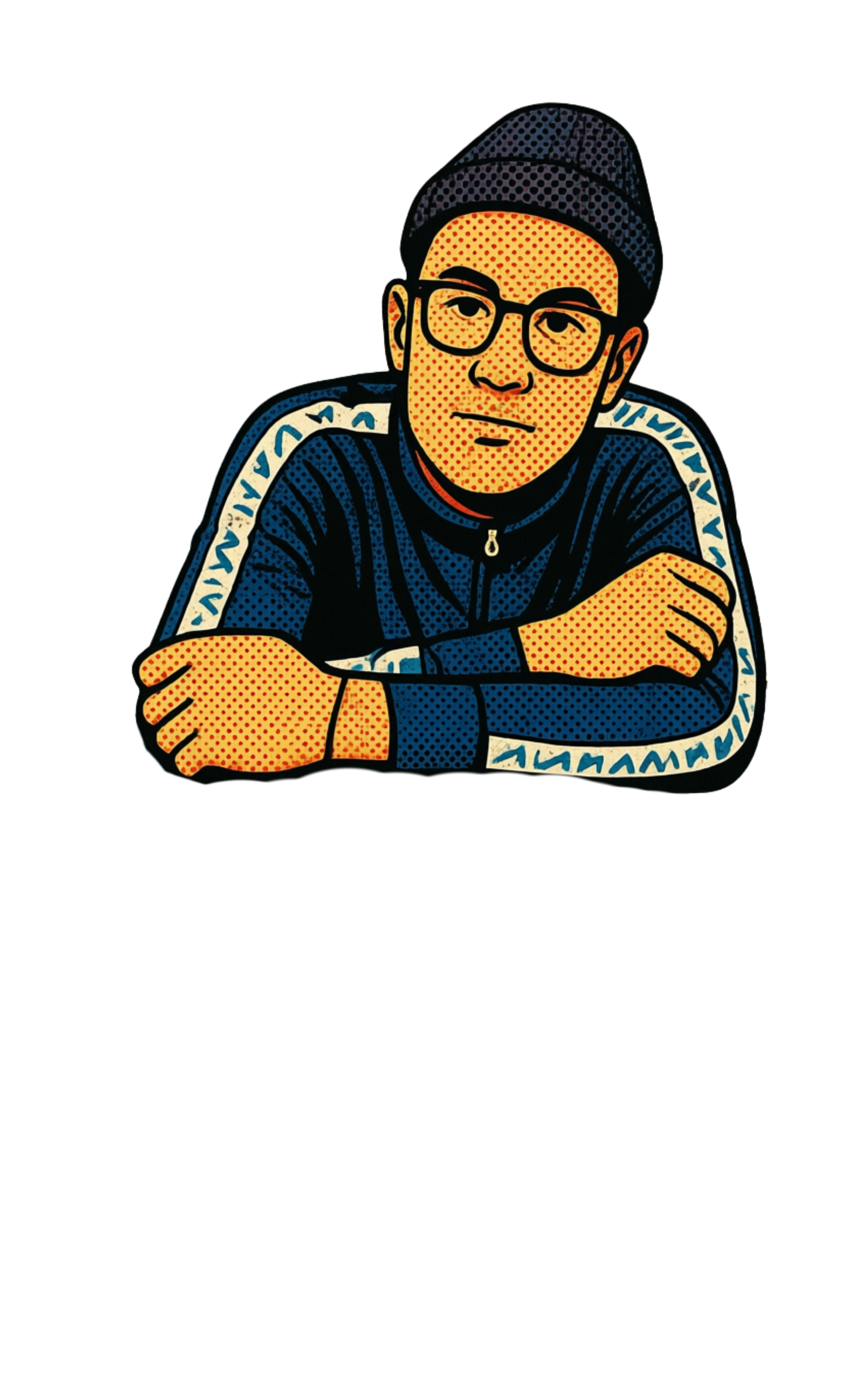 Illustration eines jungen Mannes mit schwarzer Mütze, Brille und dunkelblauem Sportjacke, der nachdenklich mit verschränkten Armen schaut.