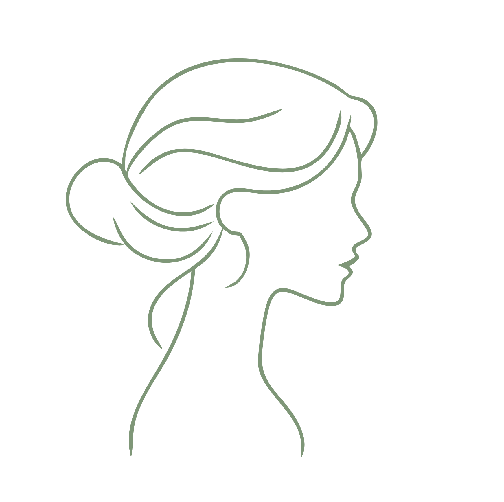 Line drawing of a woman with her eyes closed, long hair in a bun, and a relaxed expression.