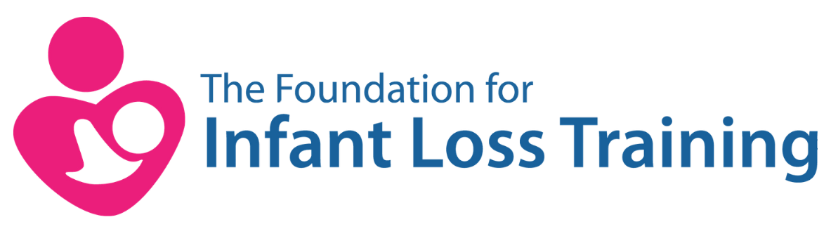 Logo for The Foundation for Infant Loss Training, featuring a pink abstract figure holding a smaller figure, with blue and black text.