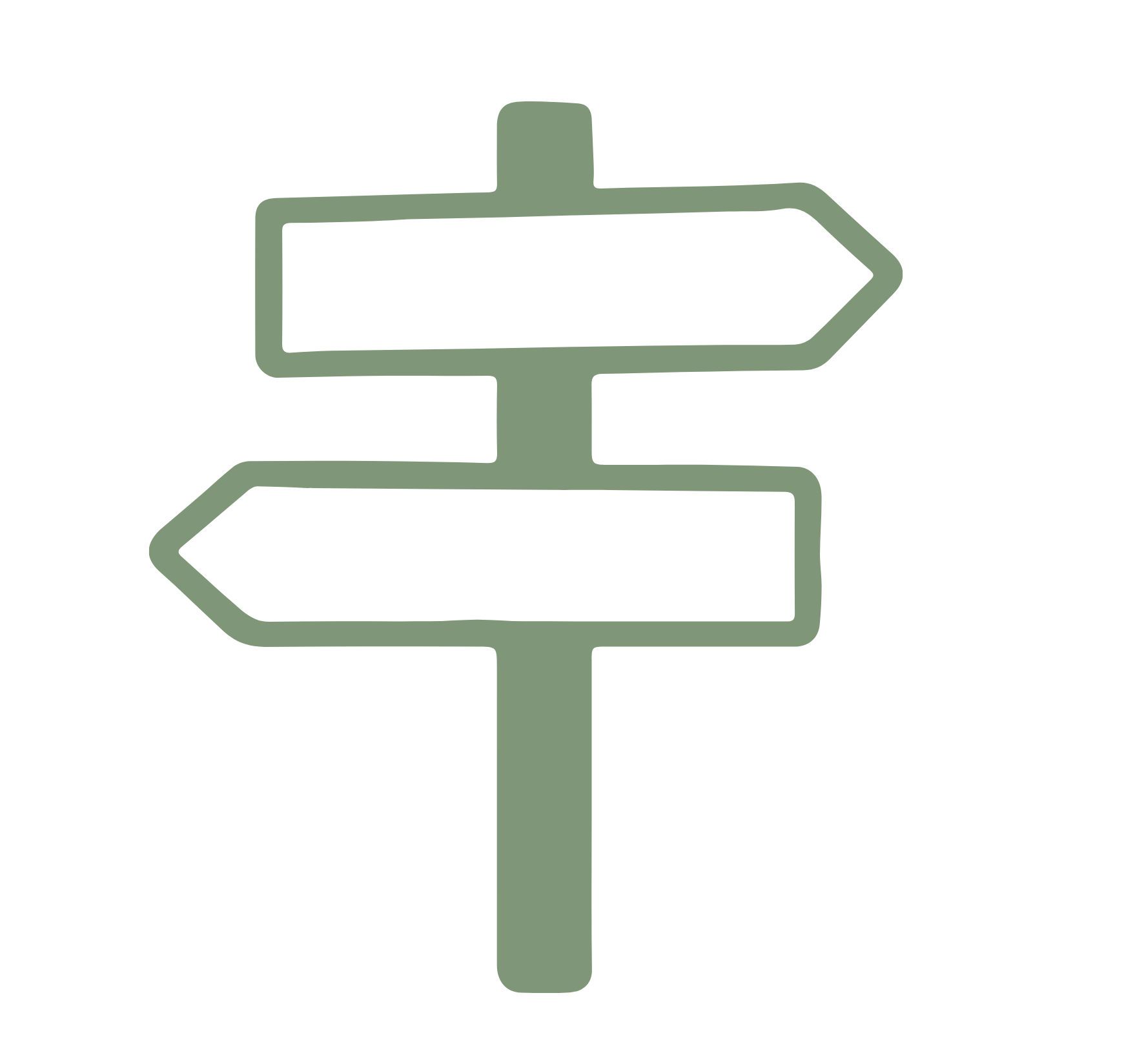 A multi-directional road sign with blank signs pointing in four directions, mounted on a single pole.
