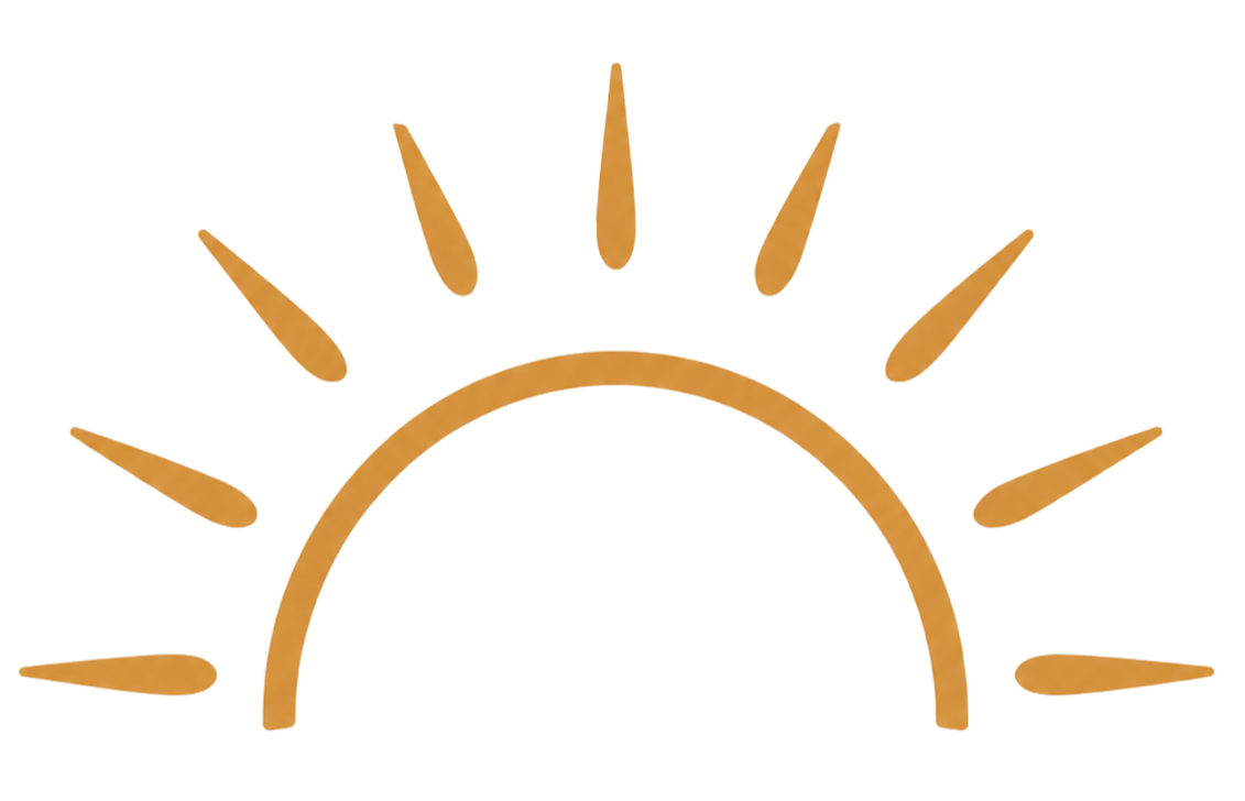 Stylized sunrise with yellow rays around a yellow semicircular sun.