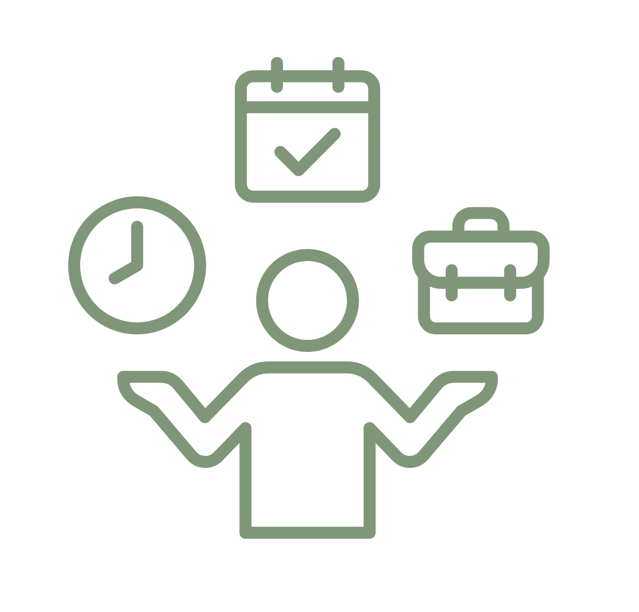 Outline illustration of a person with icons of a clock, a calendar with a checkmark, and a briefcase surrounding them.