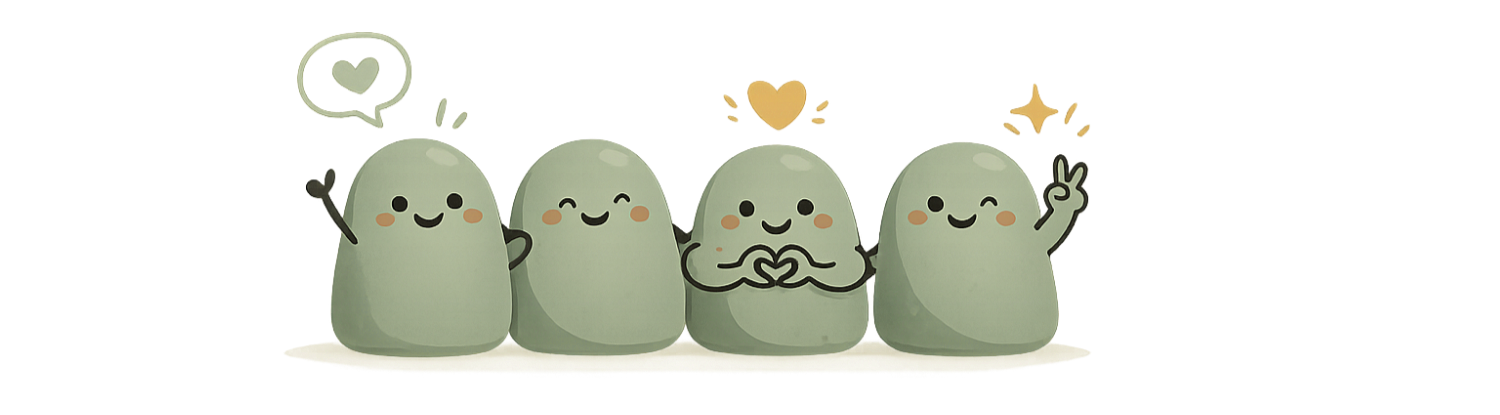 Four cute animated stones or pebbles with happy faces, holding hands or making peace signs, with decorative hearts and stars above them.