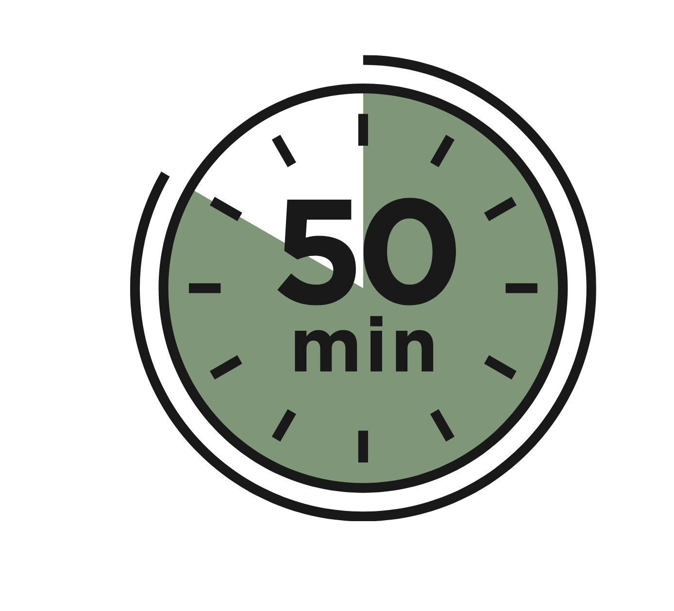 A stopwatch showing a time of 50 minutes.