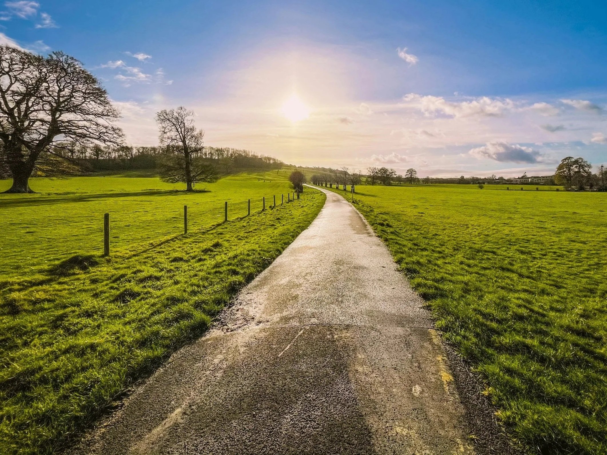 A quiet path through green fields beneath an open sky
