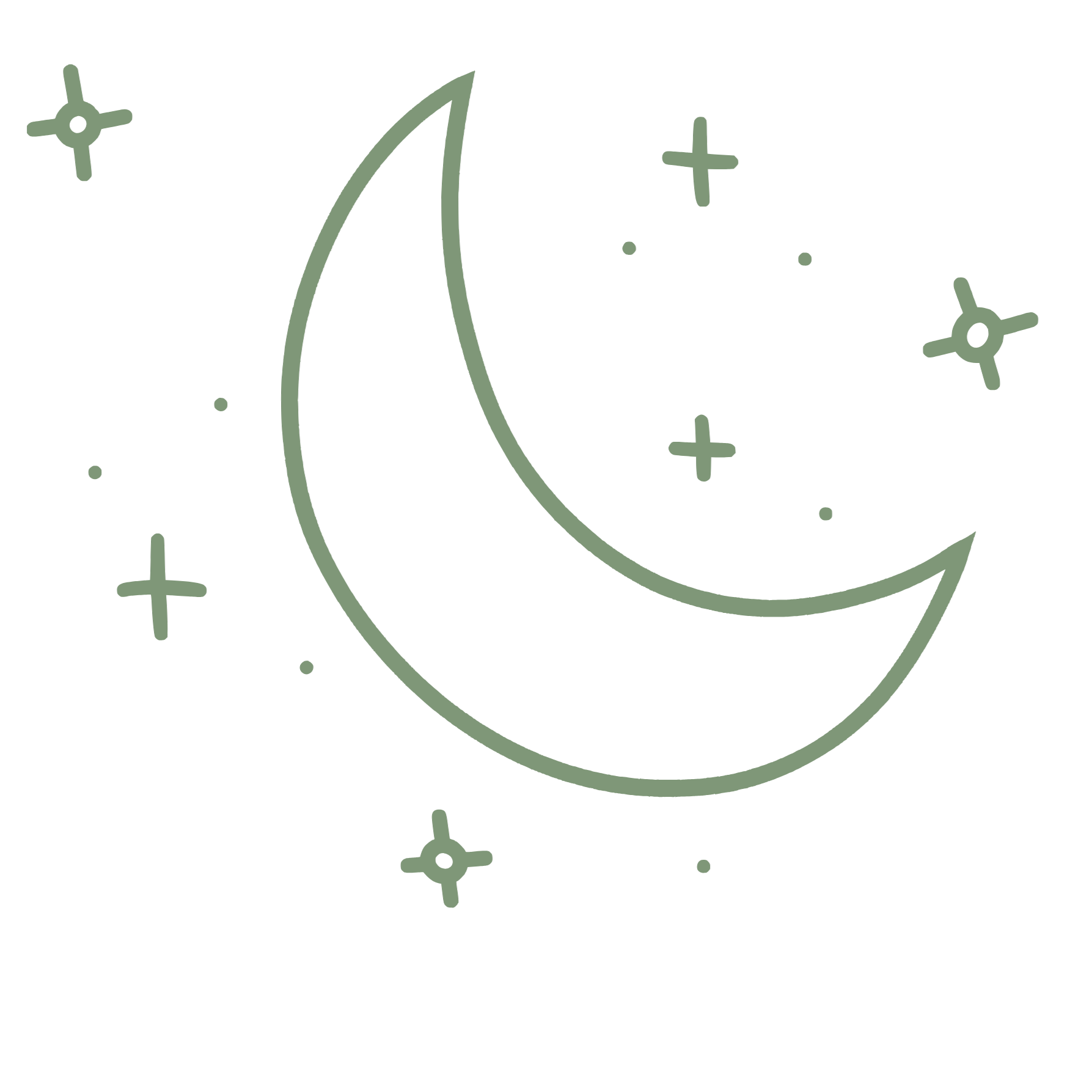 Illustration of a crescent moon and stars with a dark background, resembling a night sky.