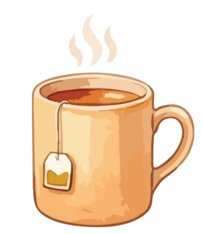 A steaming cup of tea with a tea bag inside.