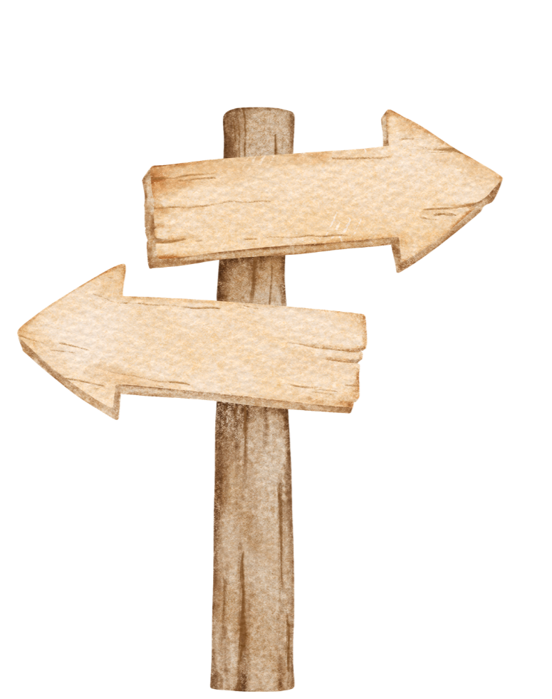 Wooden signpost with two directional arrows, one pointing left and one pointing right, mounted on a wooden pole.