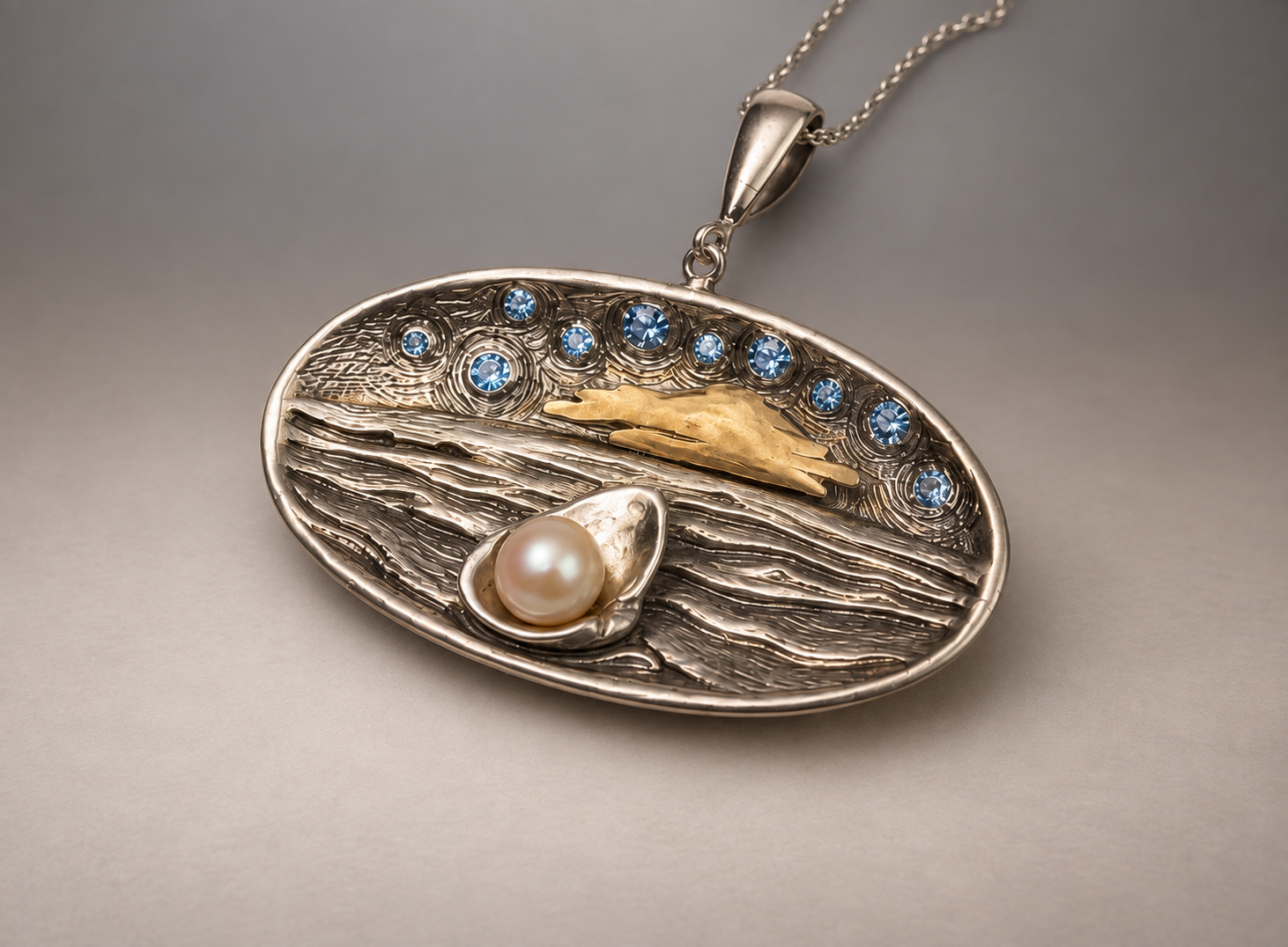 "Ocean Sunset' 18k Gold, Sterling Silver Necklace by Natalia Chebotar