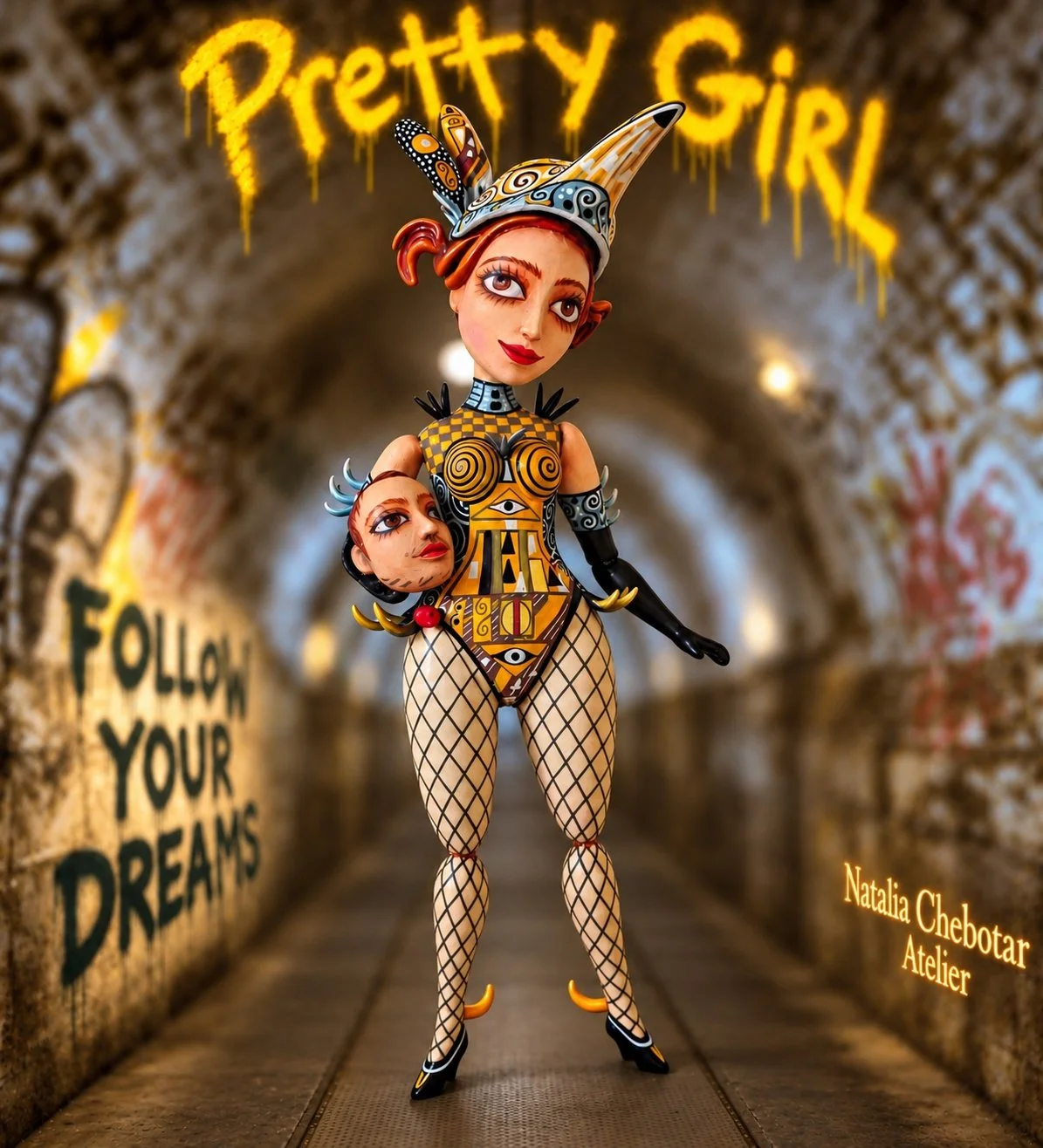 Poster of Pretty Girl, One-of-a-kind mixed-media figurative wall sculpture by Natalia Chebotar, Pretty Girl Collection