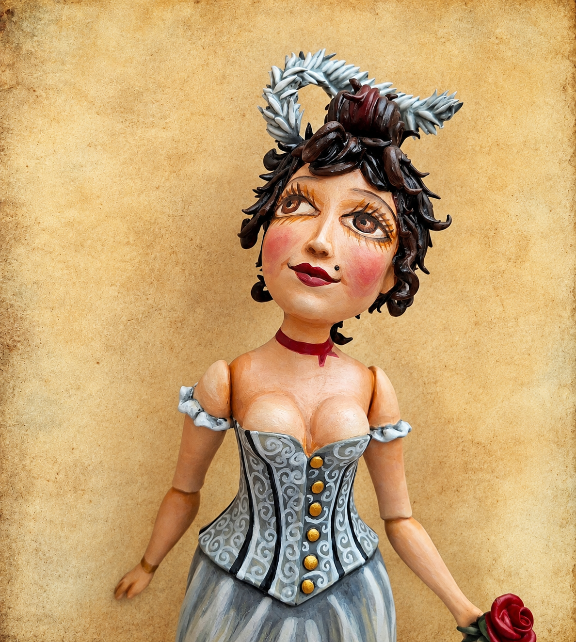 Bettie, OOAK mixed-media figurative wall sculpture by Natalia Chebotar, Cabaret Collection
