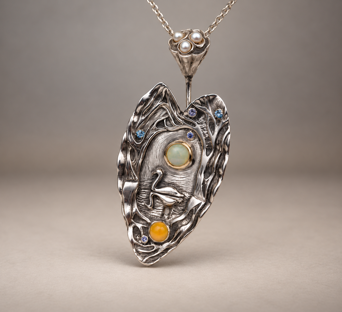 	
Natalia Chebotar Sterling Silver, 18k Gold Pendant ‘Swan Lake', colorful gemstones and pearls.