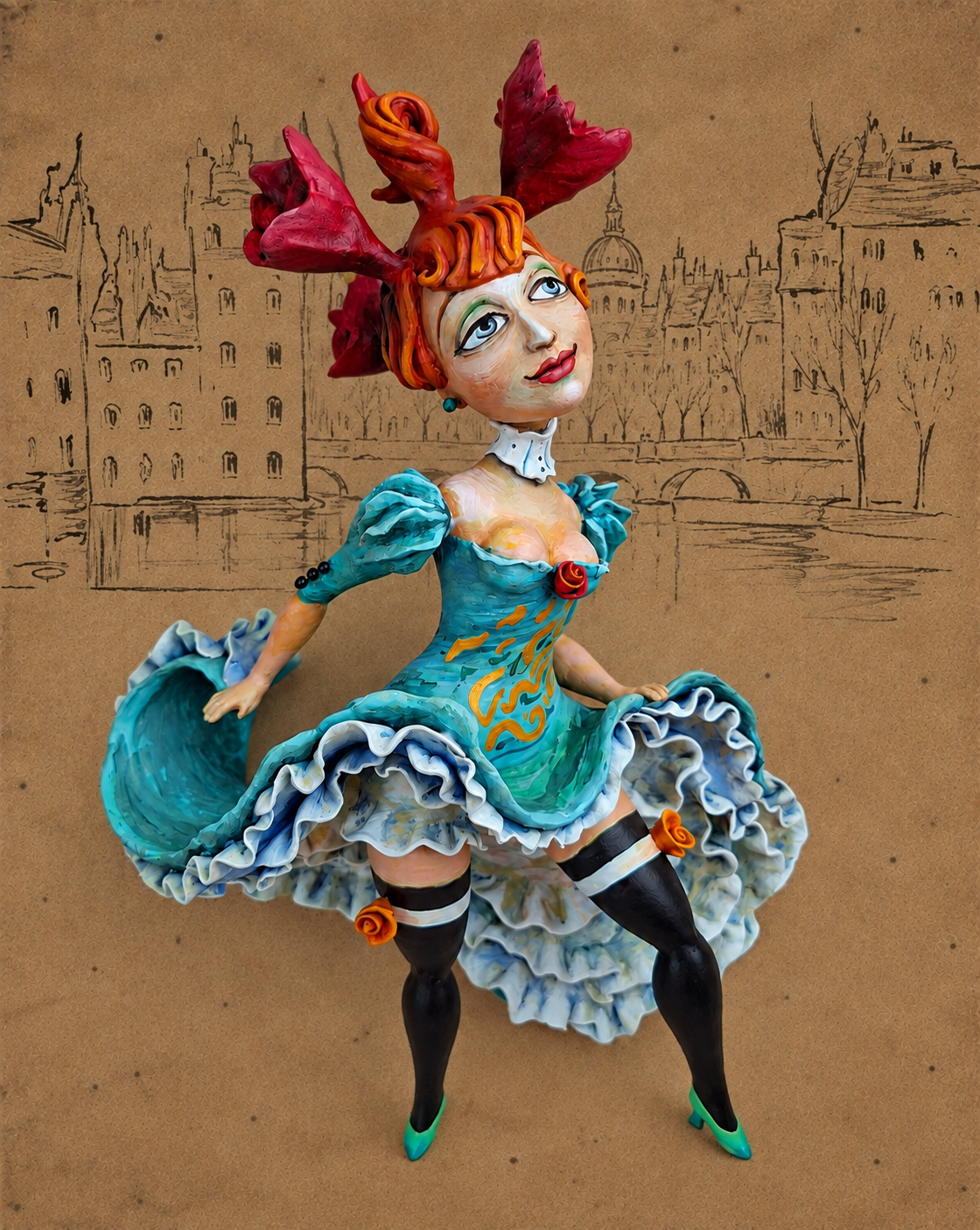 La Rosetta, OOAK mixed-media figurative wall sculpture by Natalia Chebotar, Cabaret Collection