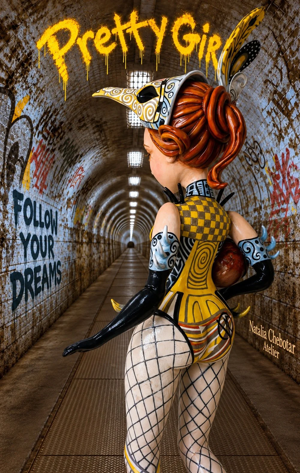 Poster of Pretty Girl, One-of-a-kind mixed-media figurative wall sculpture by Natalia Chebotar, Pretty Girl Collection
