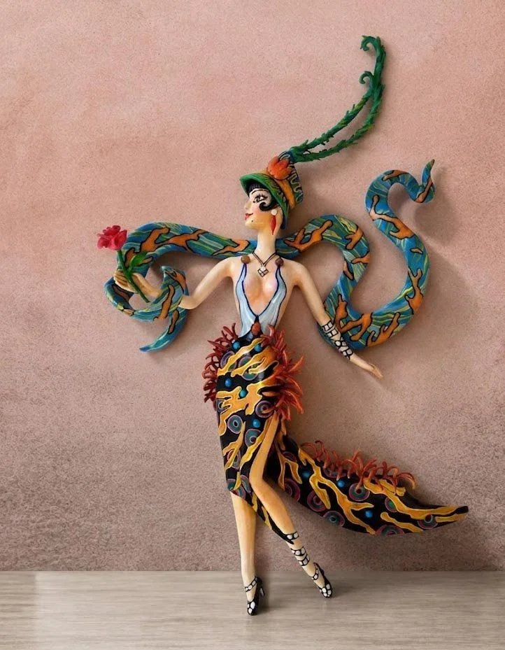 Jeanne’s Rose, One-of-a-kind mixed-media figurative wall sculpture by Natalia Chebotar, Art Deco Collection